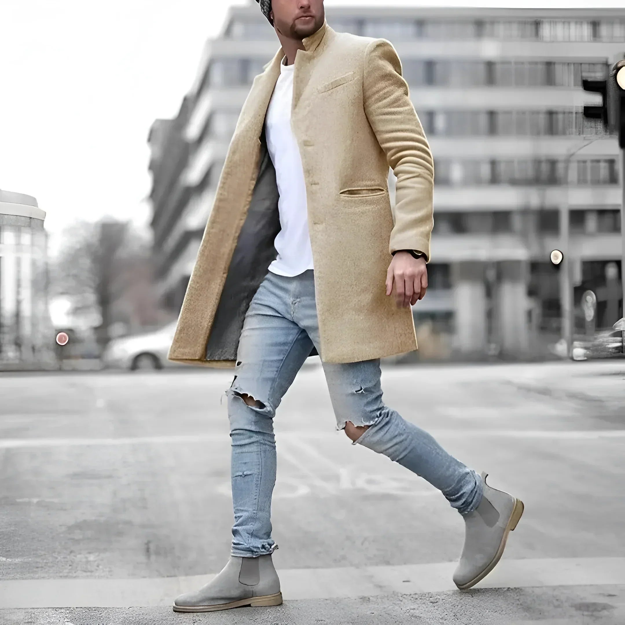 Men's long wool duster coat in beige — detail view