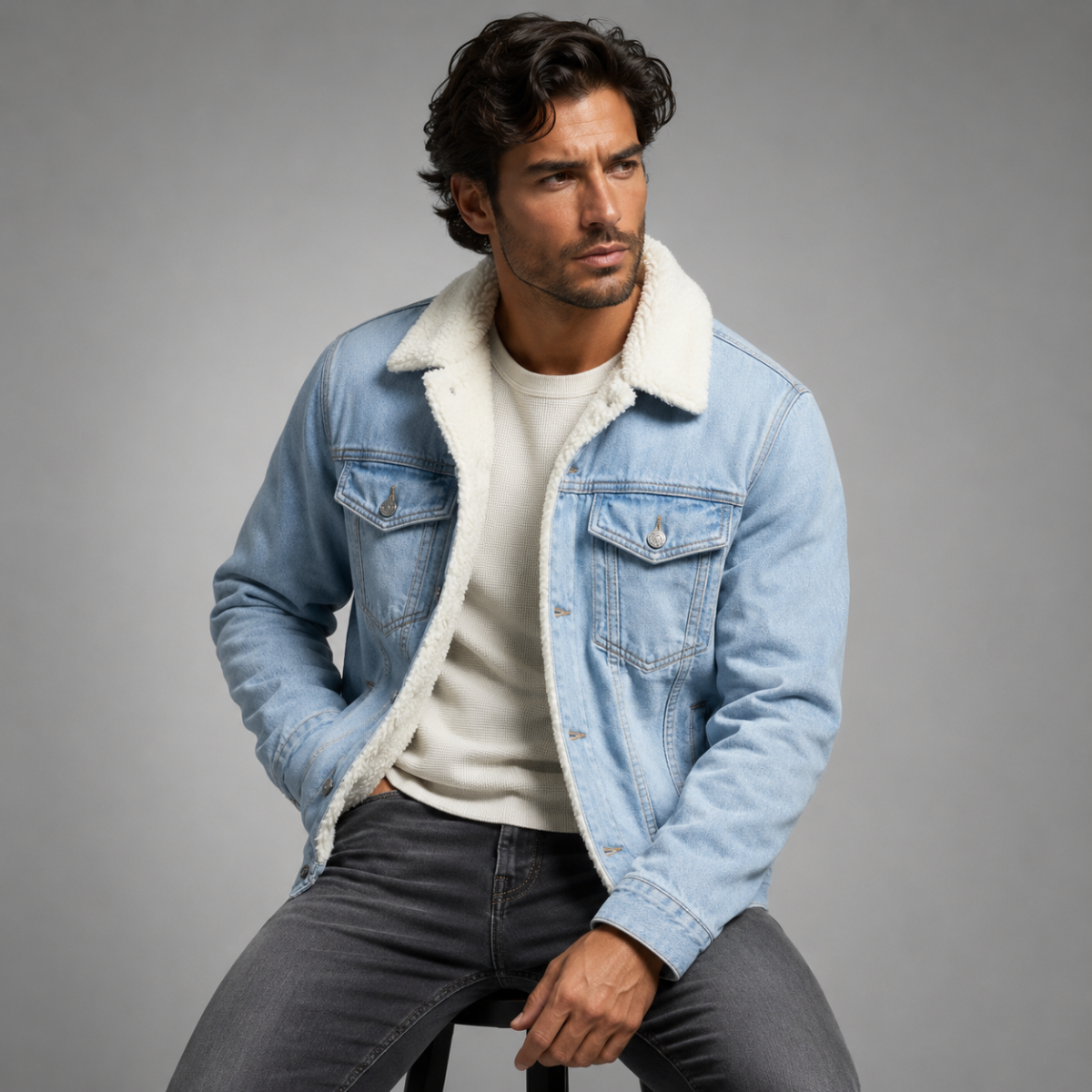 Men's fleece-lined classic denim jacket in light blue — additional view