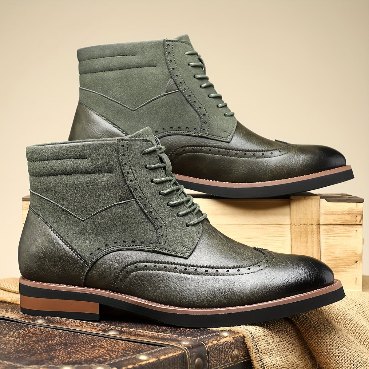 Men's classic wingtip leather boots in green — additional view