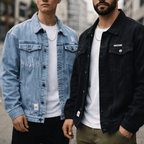 Men's distressed button-up denim jacket — detail view