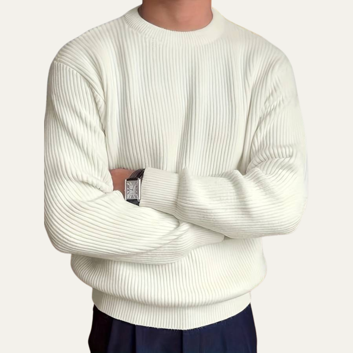Men's ribbed crew neck pullover in white — alternate view