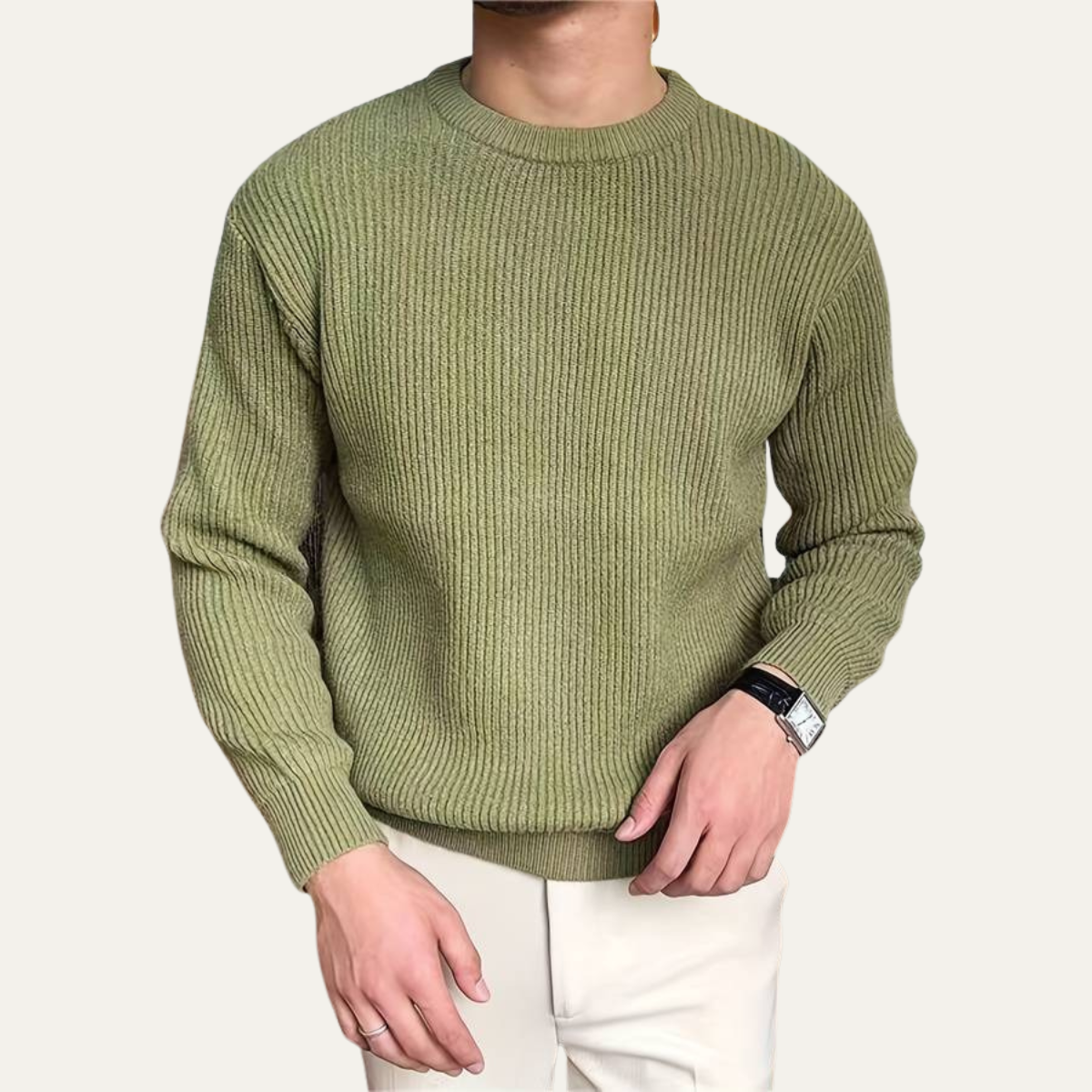Men's ribbed crew neck pullover in green — detail view