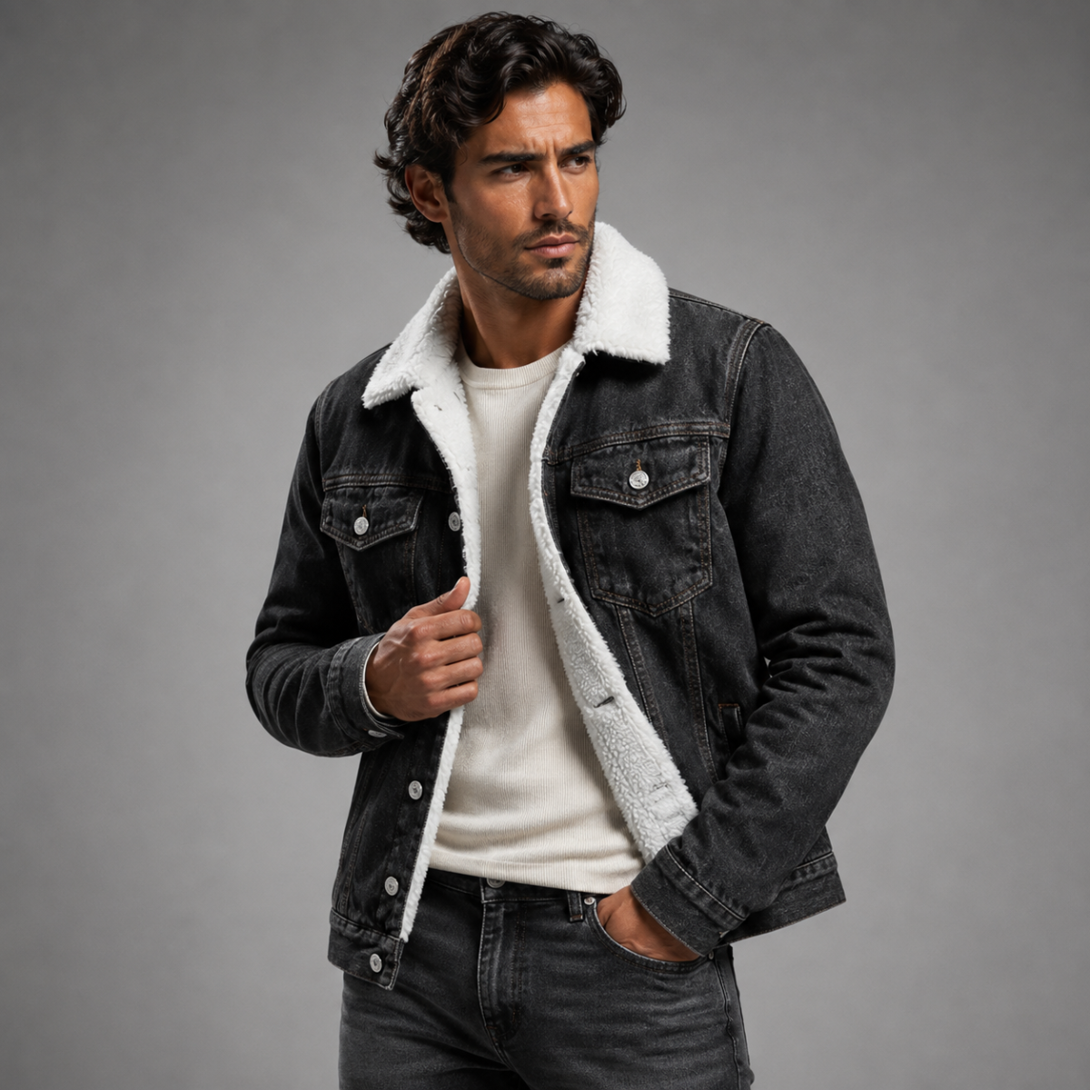 Men's fleece-lined classic denim jacket in gray black — additional view