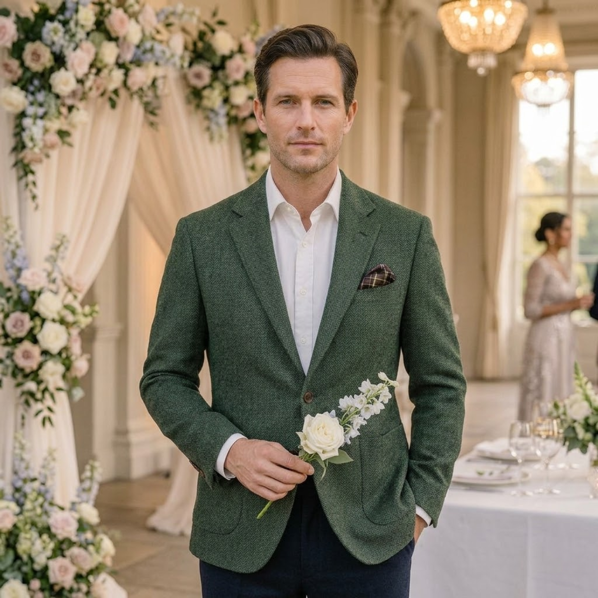 Men's single-breasted herringbone blazer in green — additional view