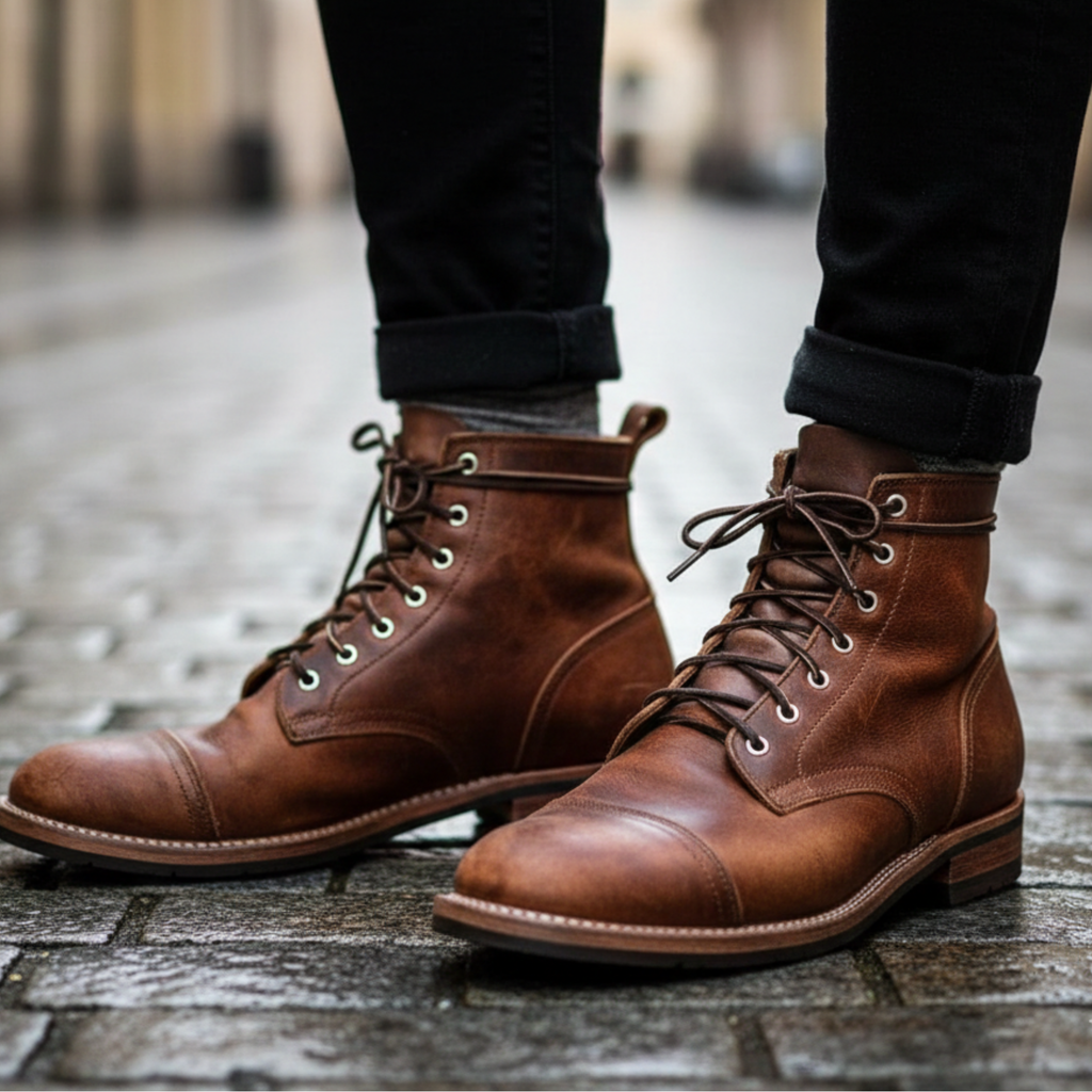 Men's leather lace-up combat boots in brown