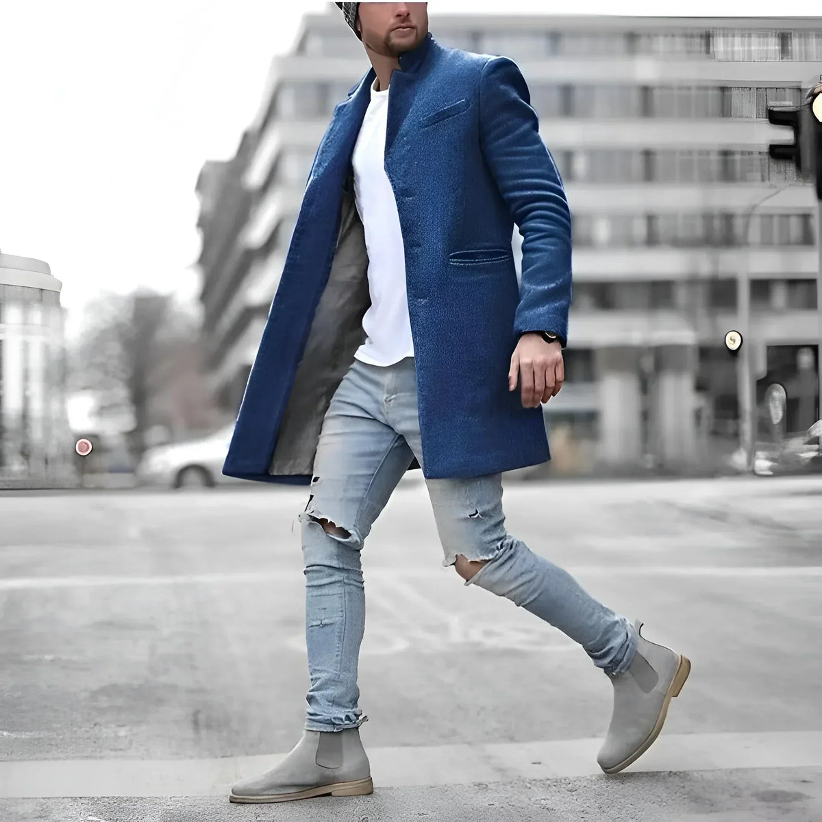 Men's long wool duster coat in blue — additional view
