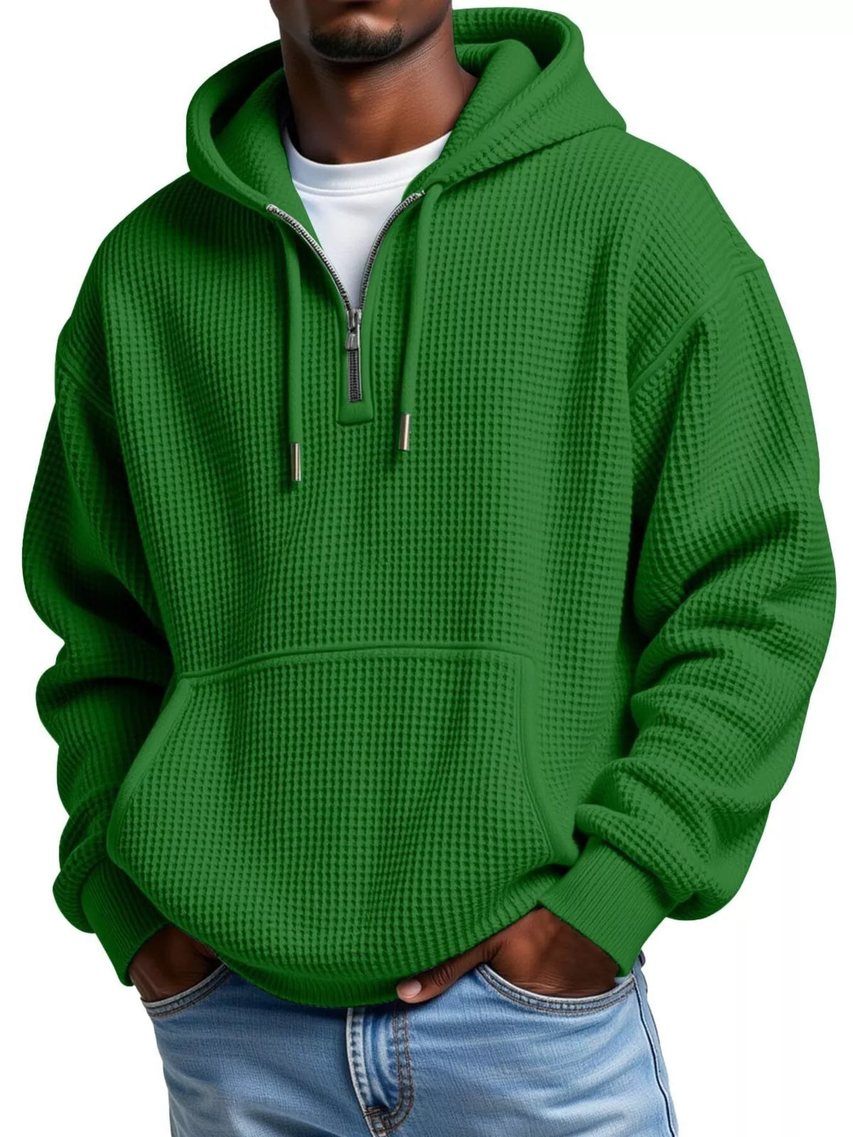 Men's half-zip waffle-knit hoodie in green — additional view