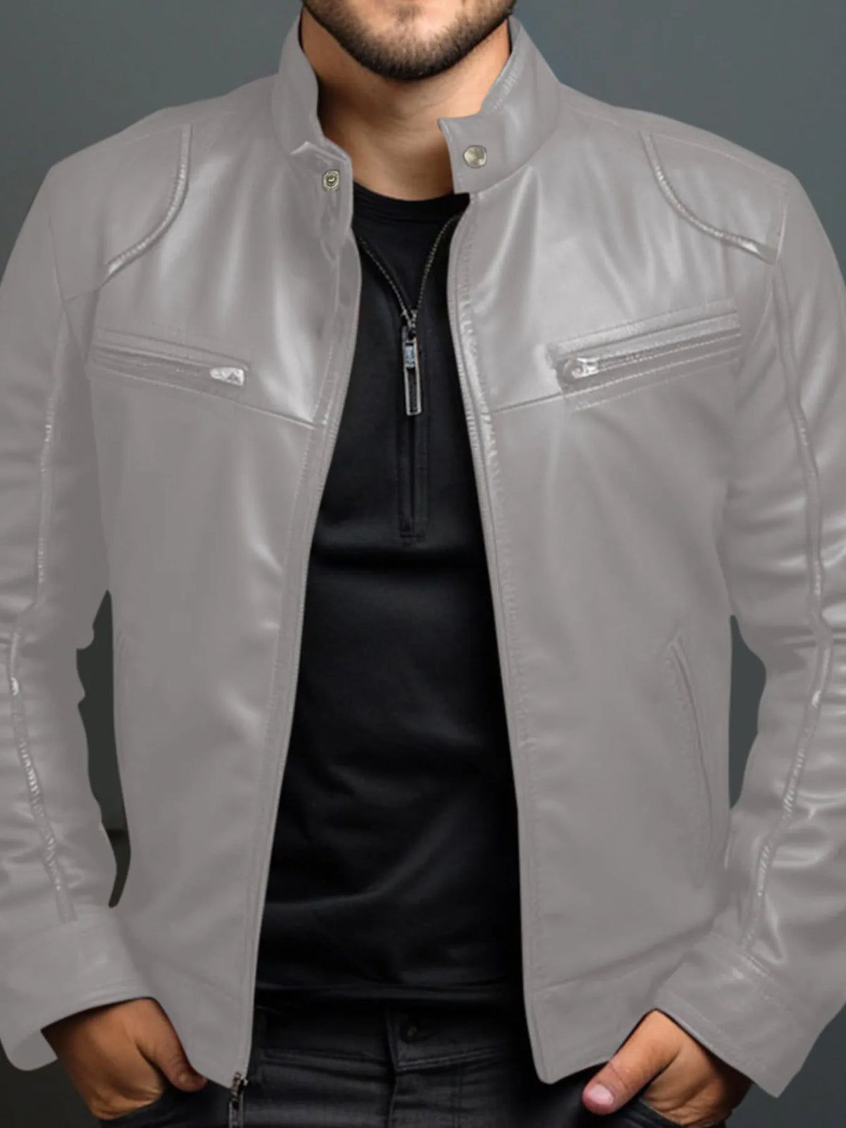 Men's zip-front faux leather biker jacket in grey — additional view