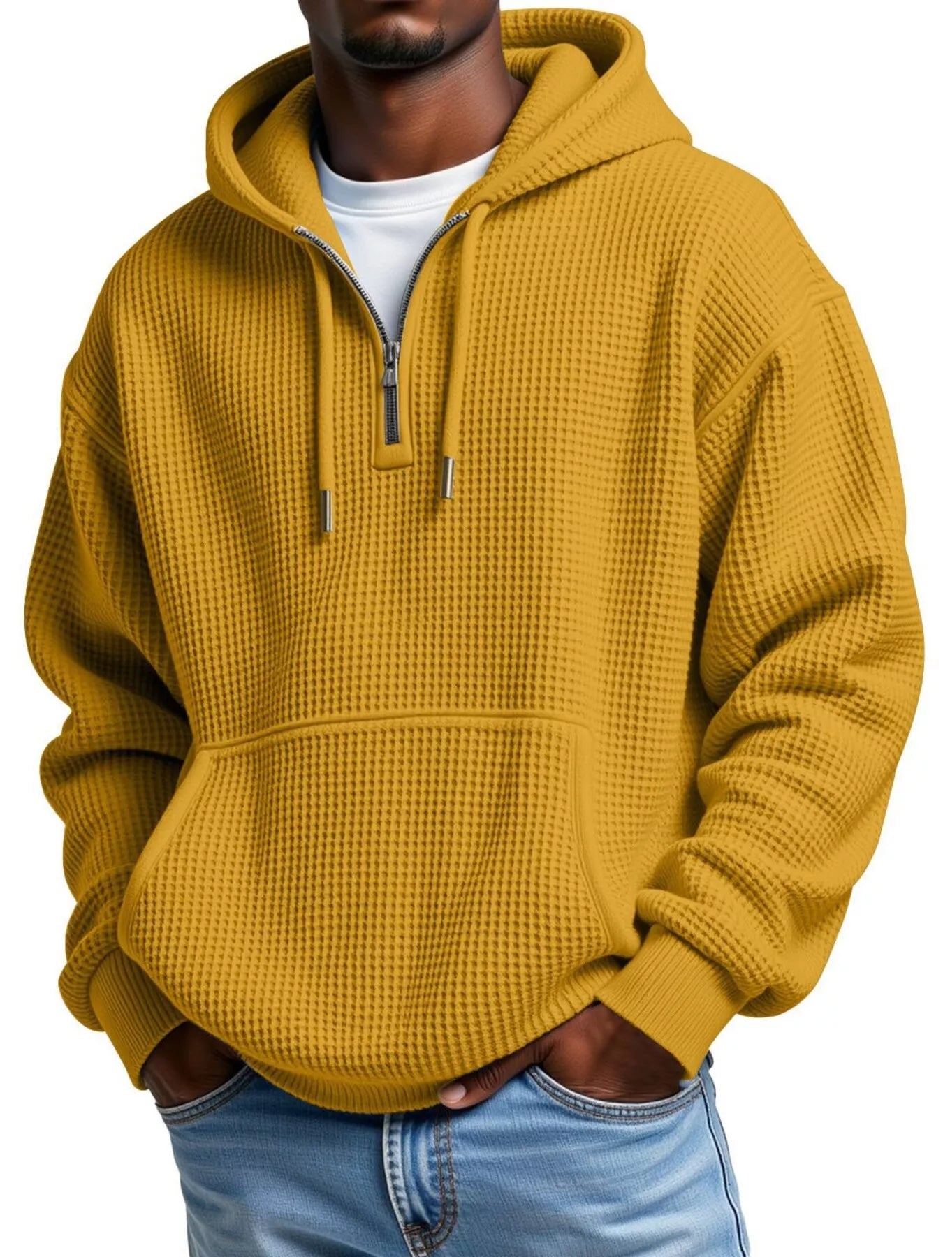 Men's half-zip waffle-knit hoodie in mustard — additional view