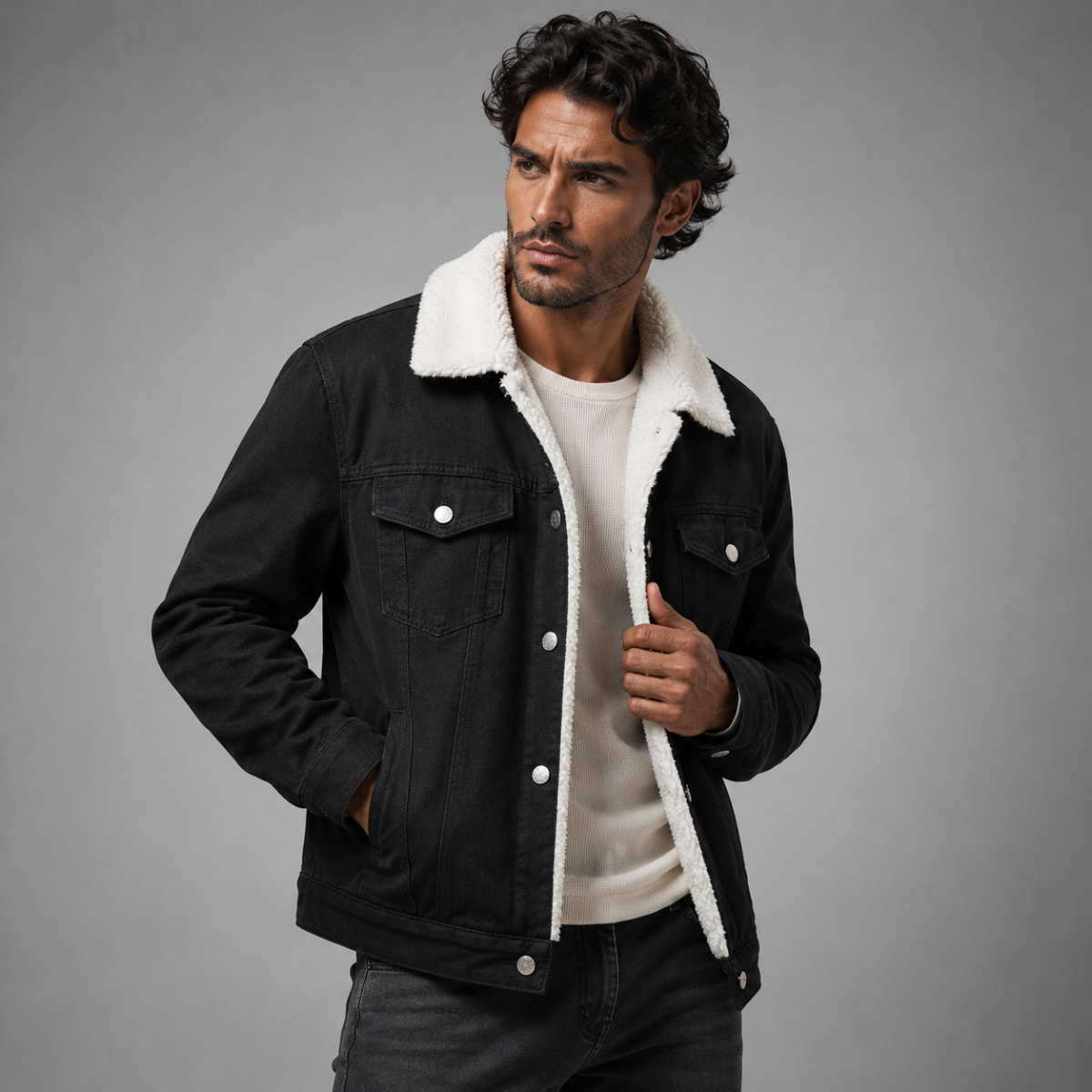 Men's fleece-lined classic denim jacket in white black — additional view