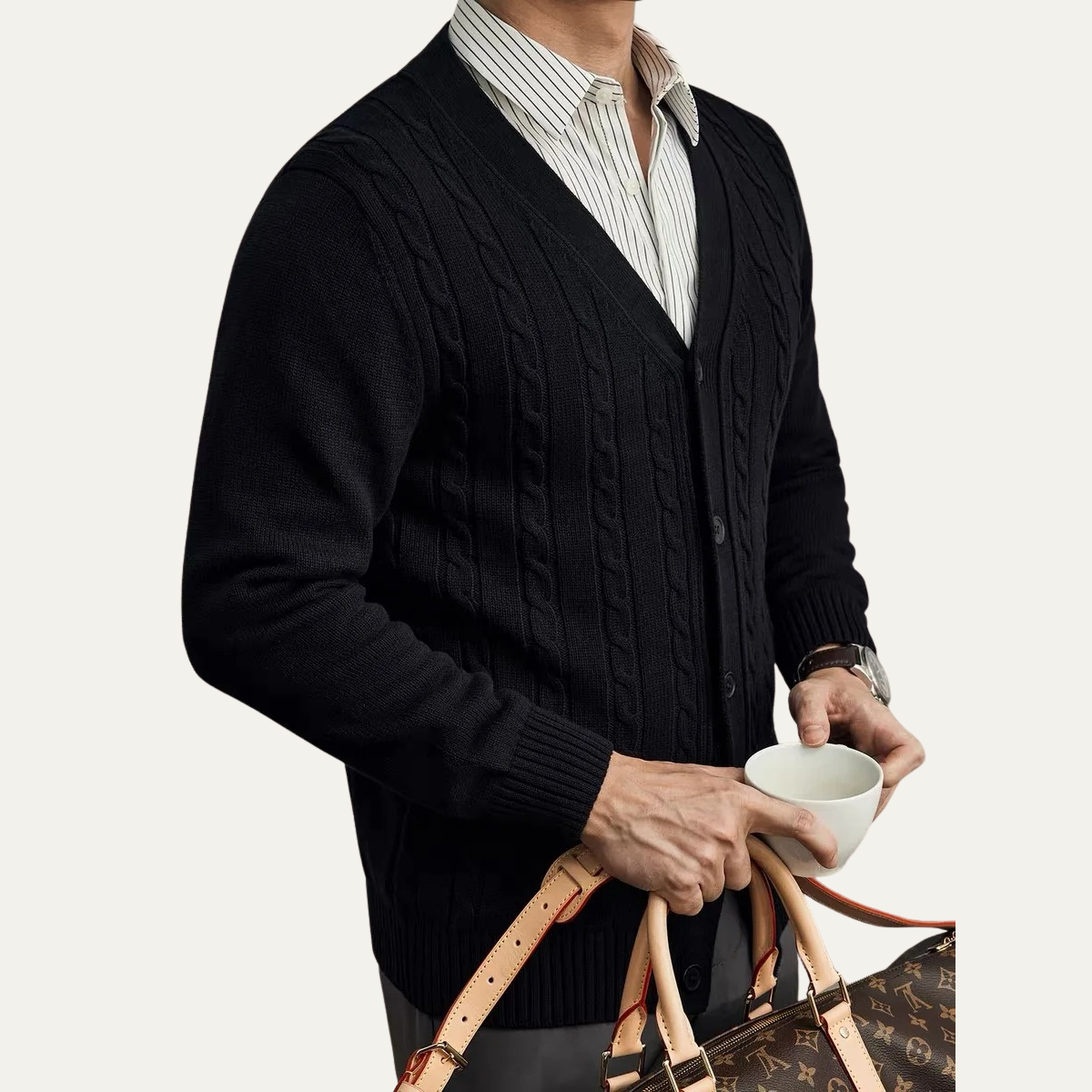 Men's cable knit v-neck cardigan in black — alternate view