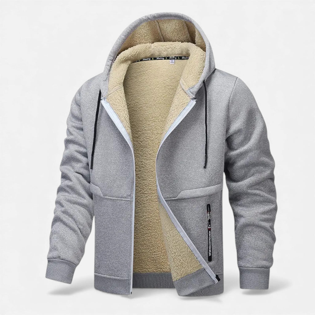 Men's fleece-lined winter hoodie jacket in light grey