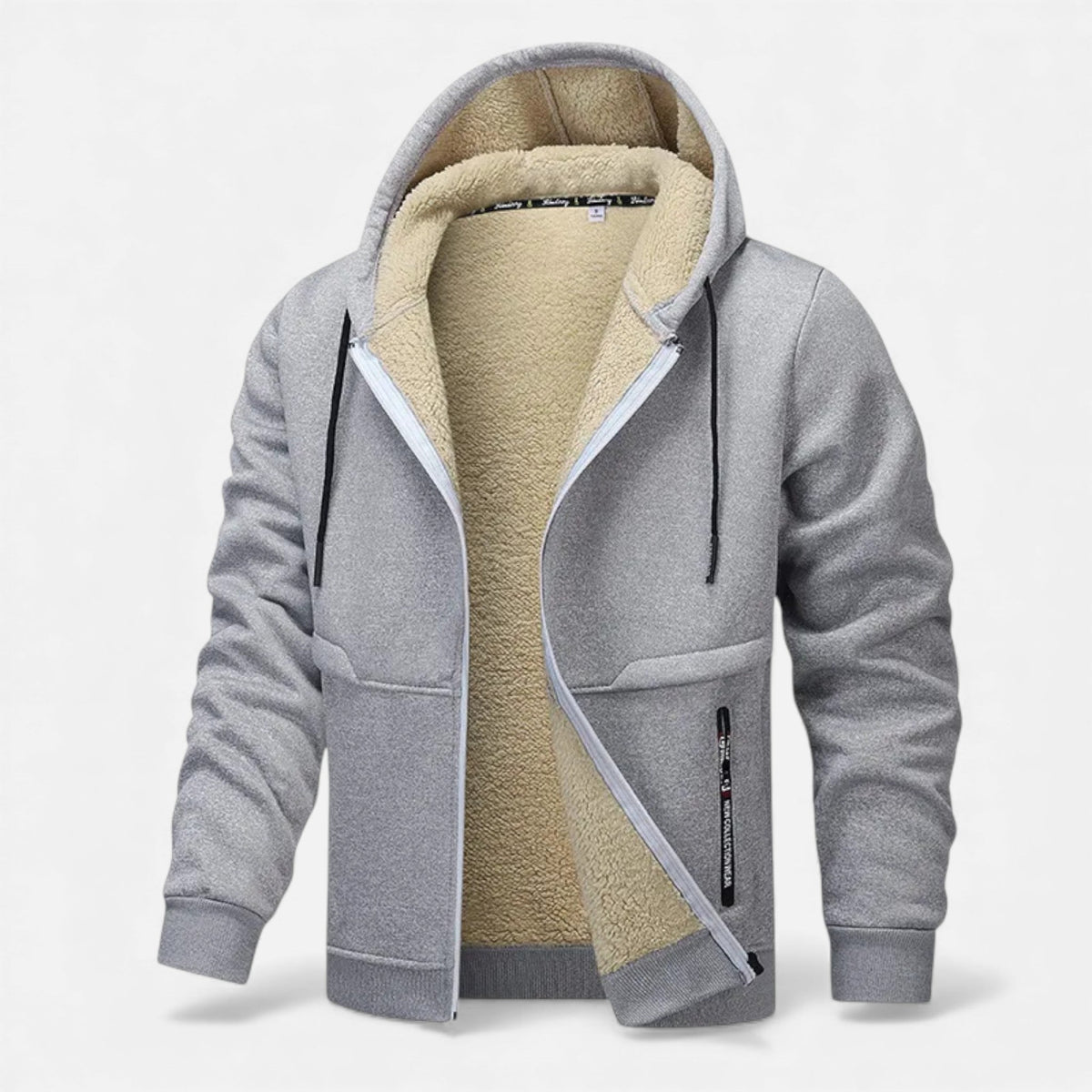 Men's fleece-lined winter hoodie jacket in light grey