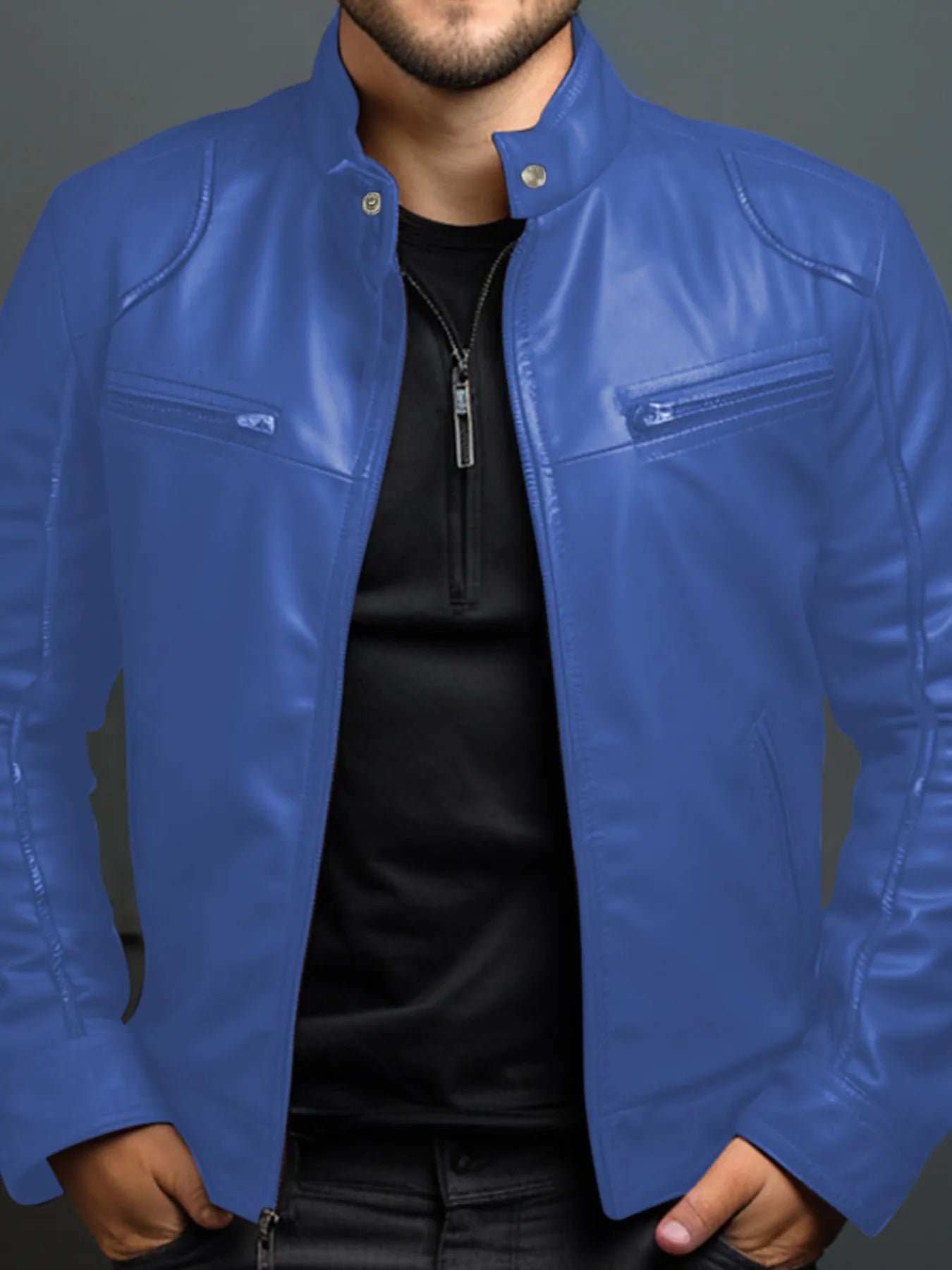 Men's zip-front faux leather biker jacket in royal blue — additional view