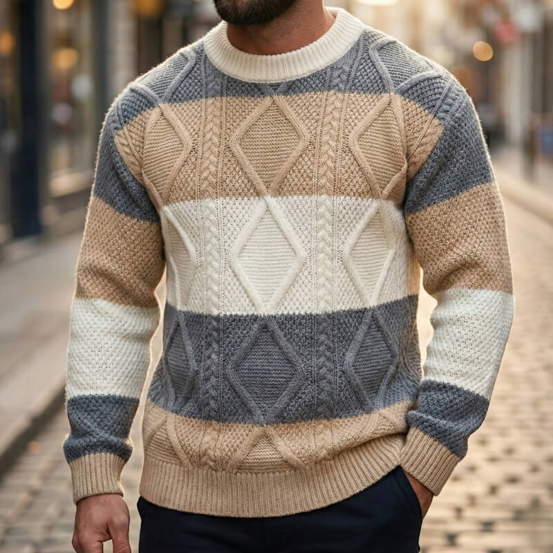 Men's color block cable knit sweater in gray — detail view
