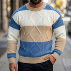 Men's color block cable knit sweater in blue