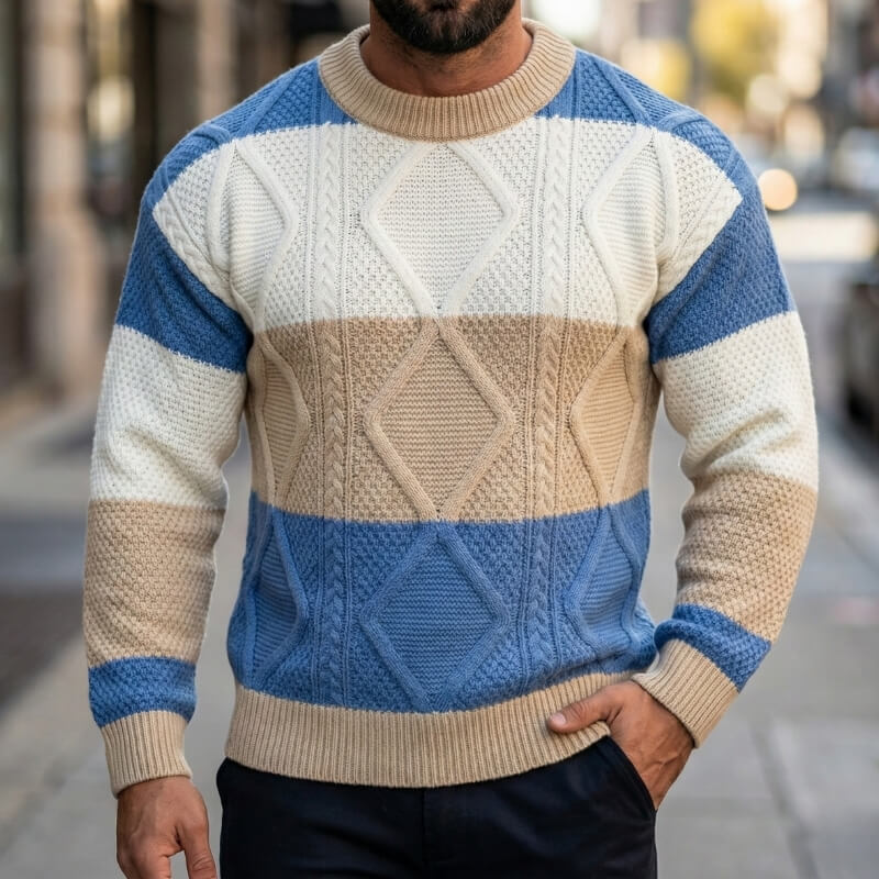 Men's color block cable knit sweater in blue