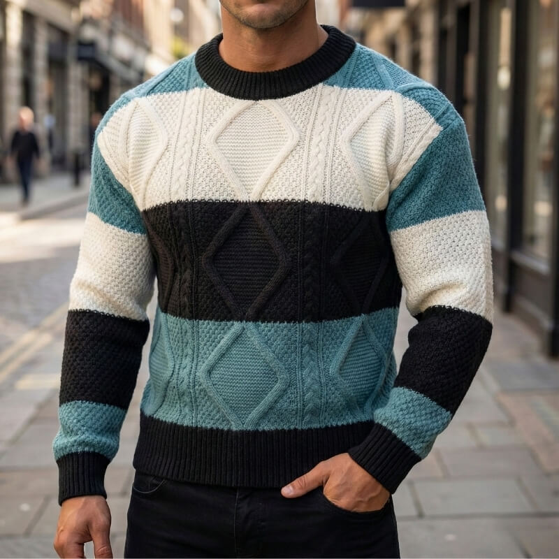 Men's color block cable knit sweater in green — alternate view