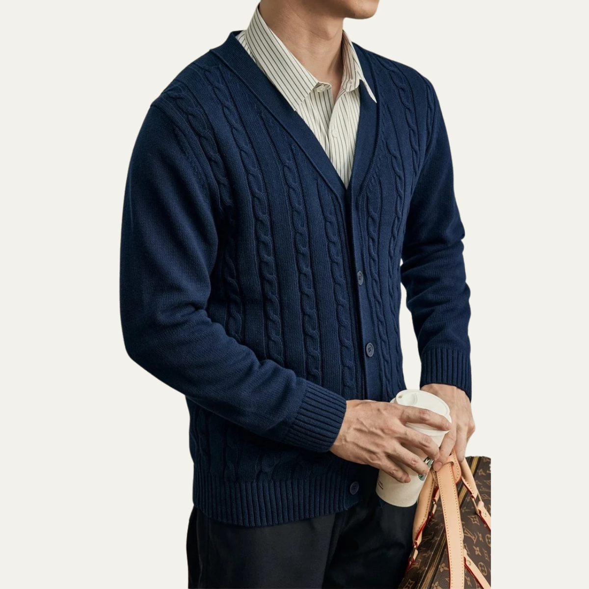 Men's cable knit v-neck cardigan in blue — detail view
