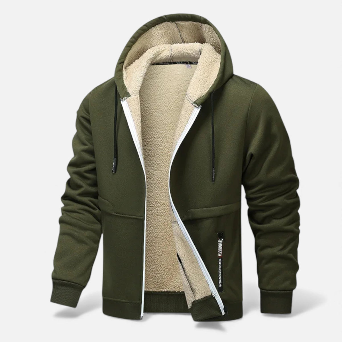 Men's fleece-lined winter hoodie jacket in olive green — additional view