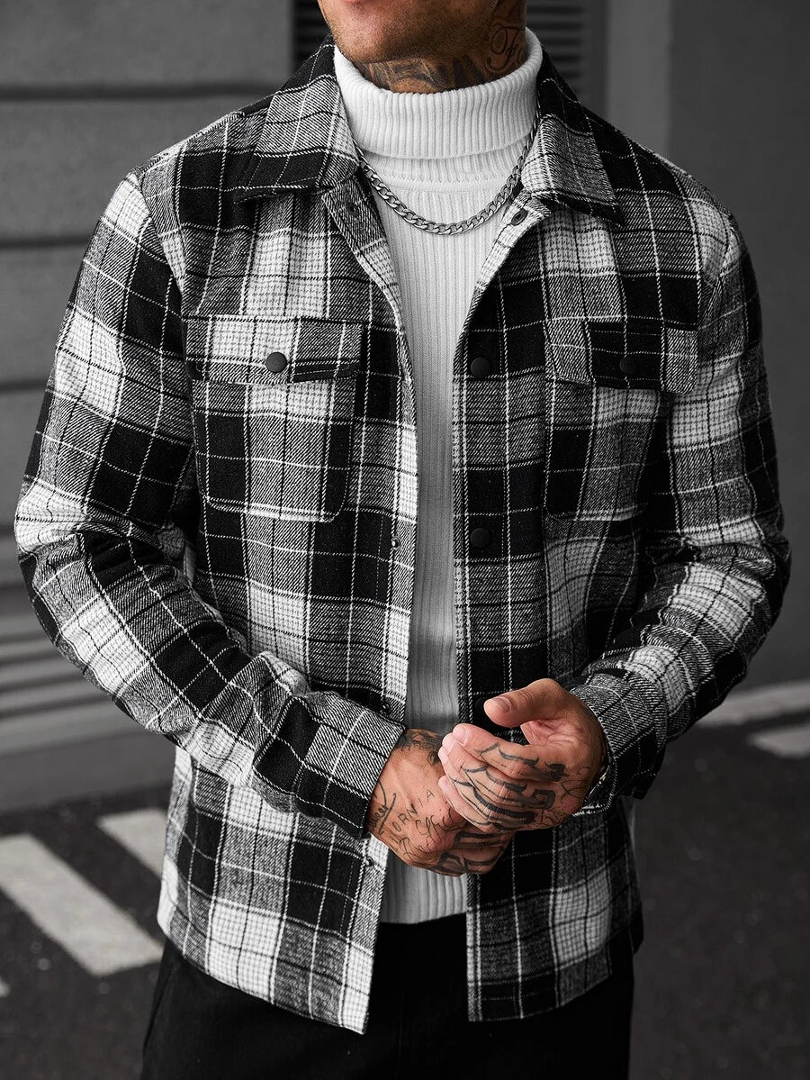 Men's single-breasted long sleeve shacket in black and white — additional view