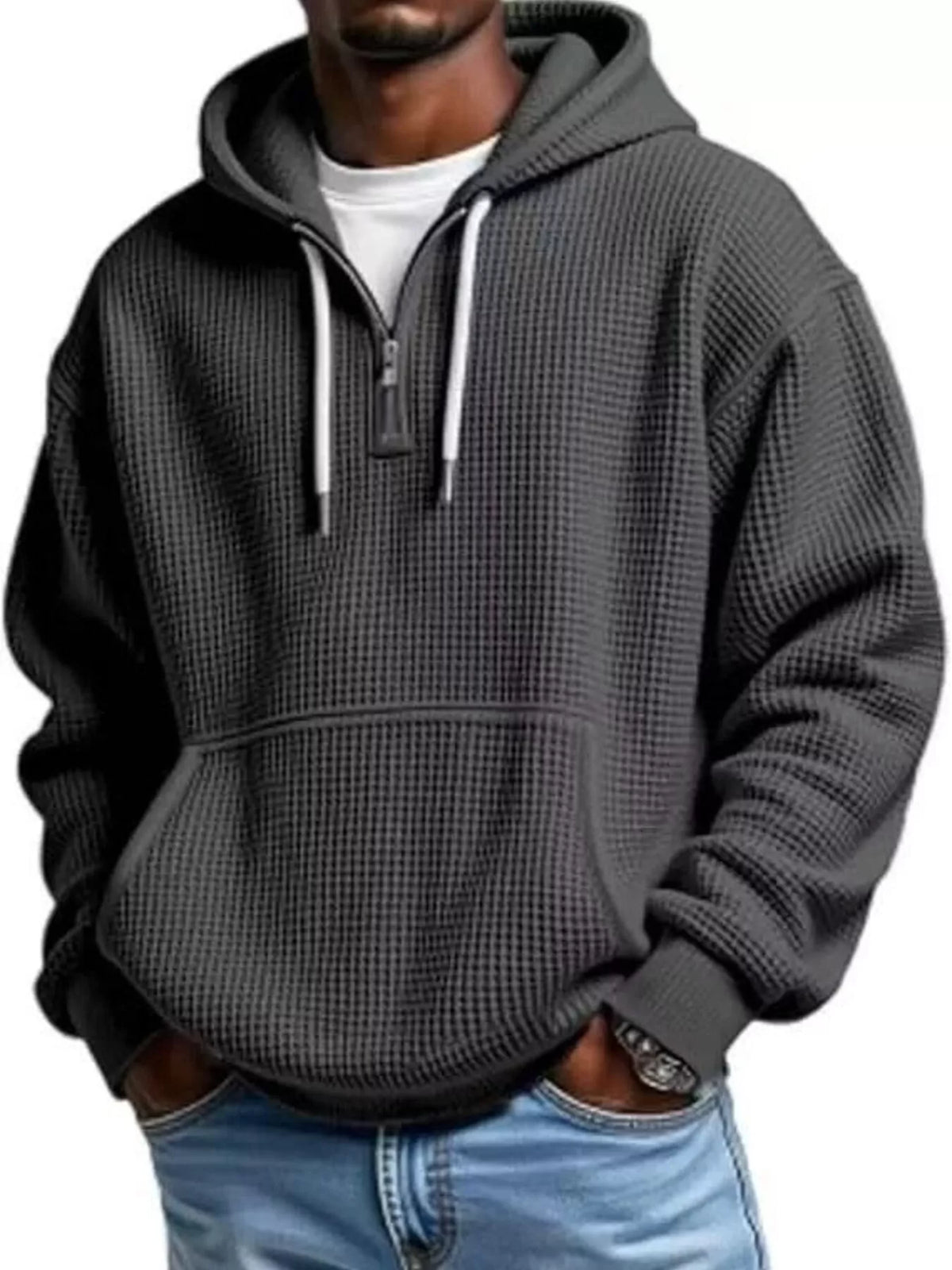 Men's half-zip waffle-knit hoodie in dark gray — additional view