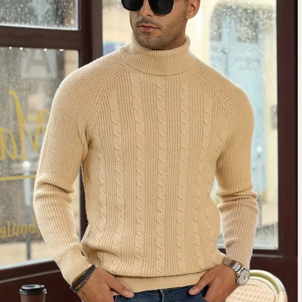 Men's cable-knit mock-neck pullover in beige