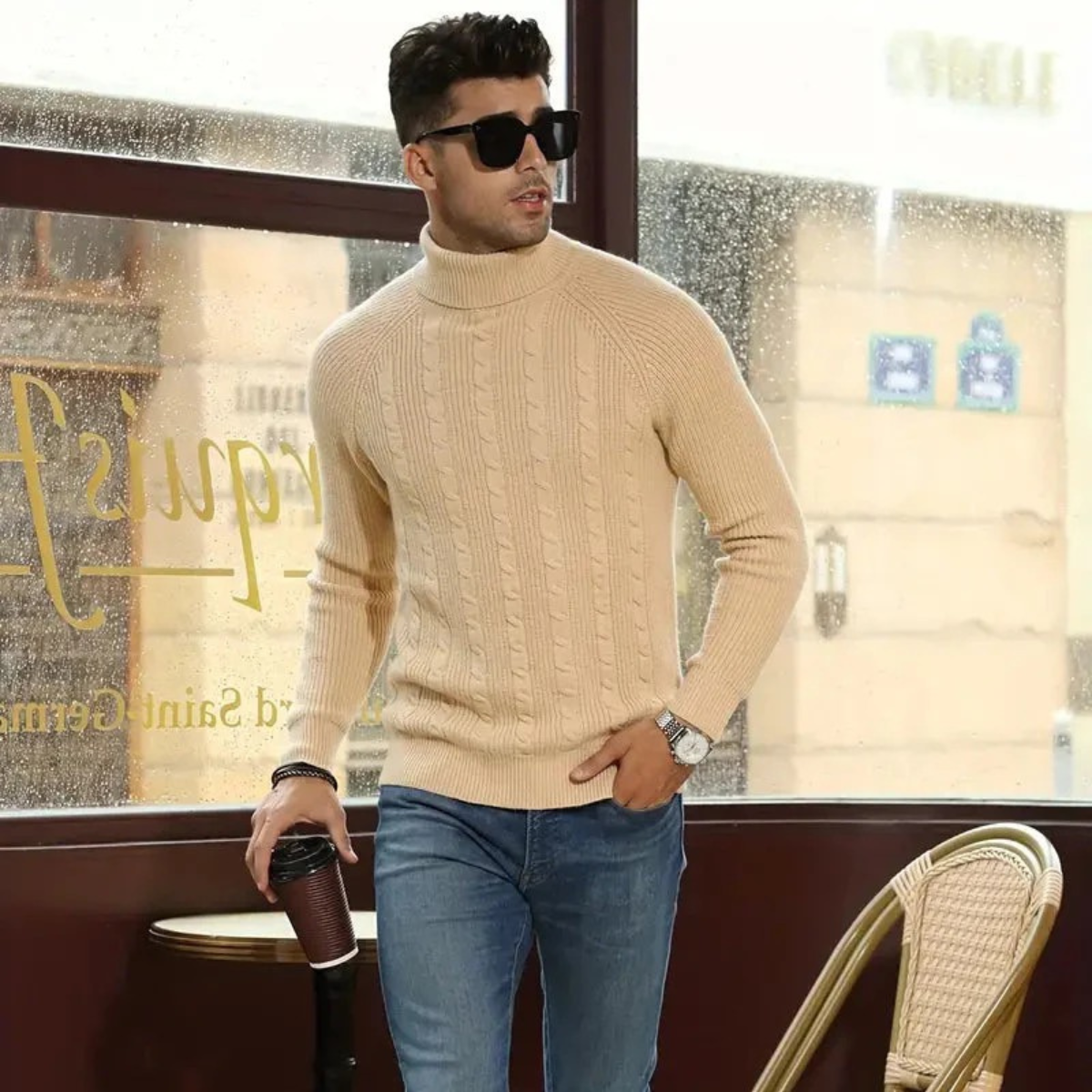 Men's cable-knit mock-neck pullover — detail view