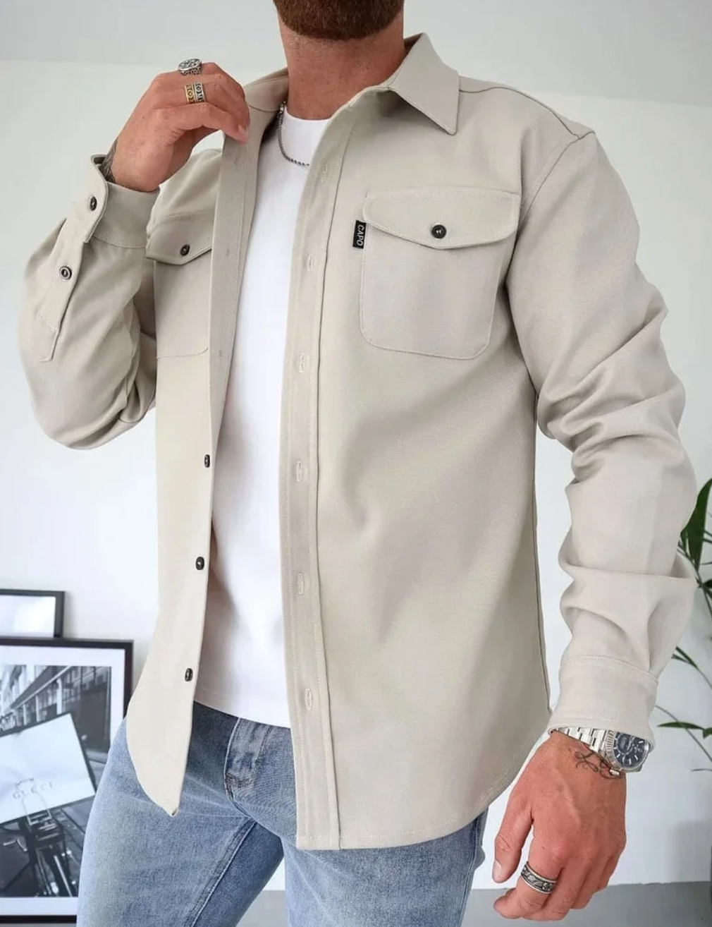 Men's chest pocket button shirt jacket in light beige — additional view
