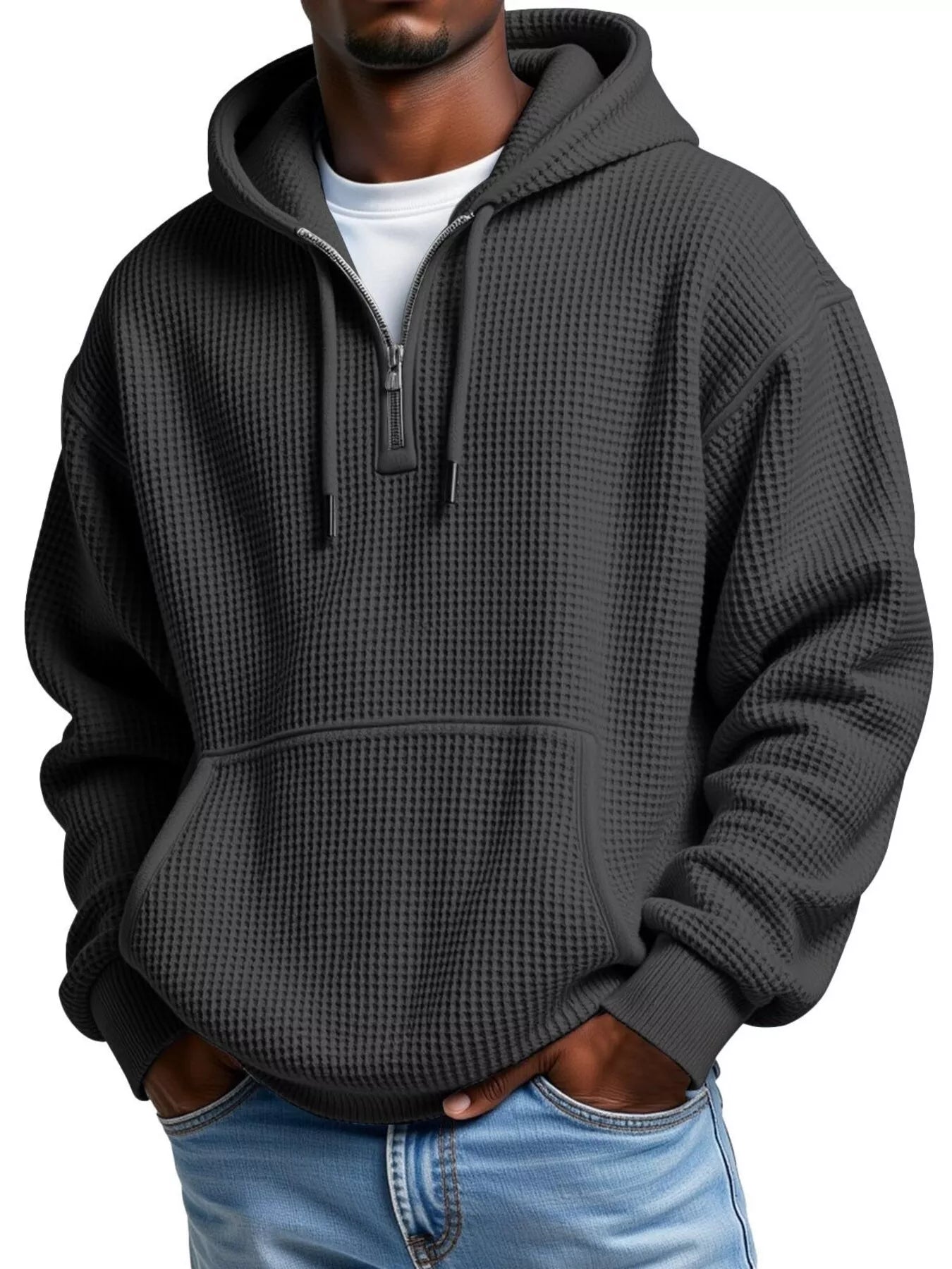 Men's half-zip waffle-knit hoodie in black — additional view