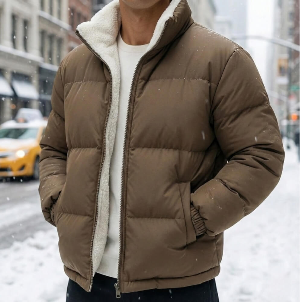 Men's relaxed zip-up down jacket in brown