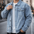 Men's distressed button-up denim jacket in blue
