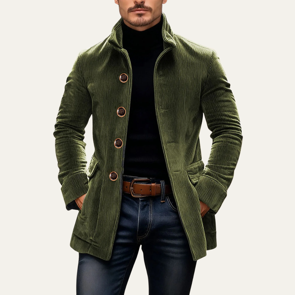 Men's casual mid-length field coat in olive green — additional view