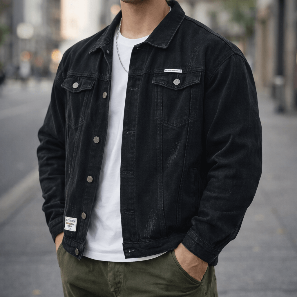 Men's distressed button-up denim jacket in black — alternate view