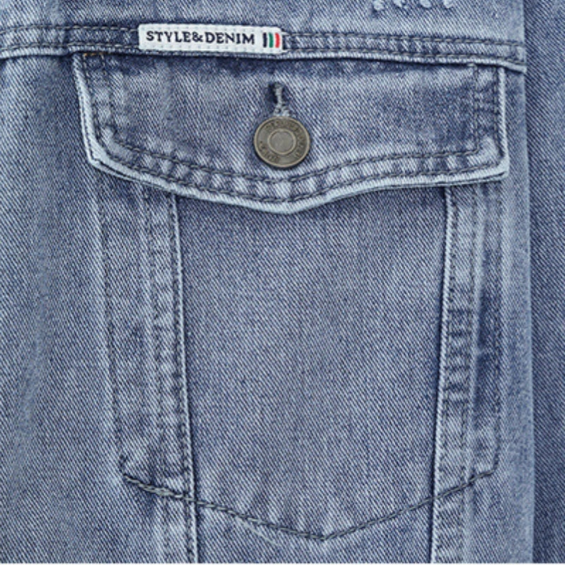 Men's distressed button-up denim jacket — additional view