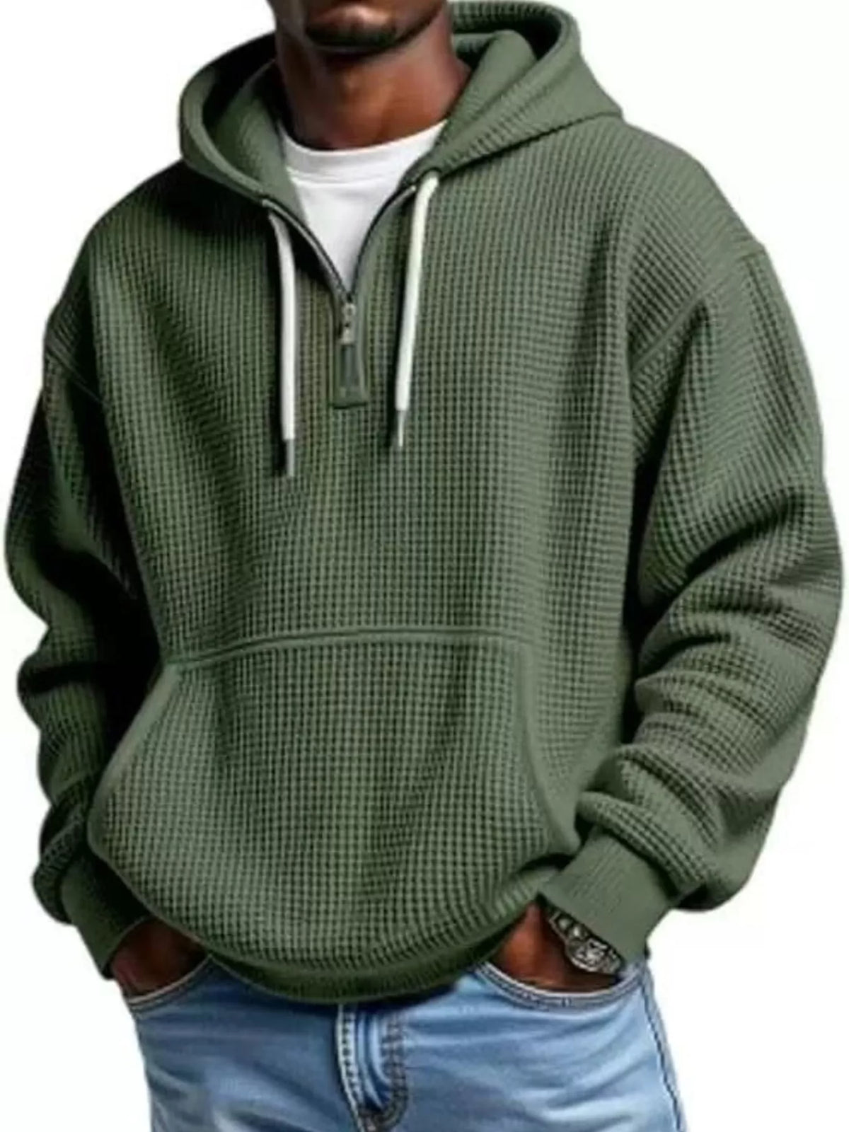 Men's half-zip waffle-knit hoodie in army green