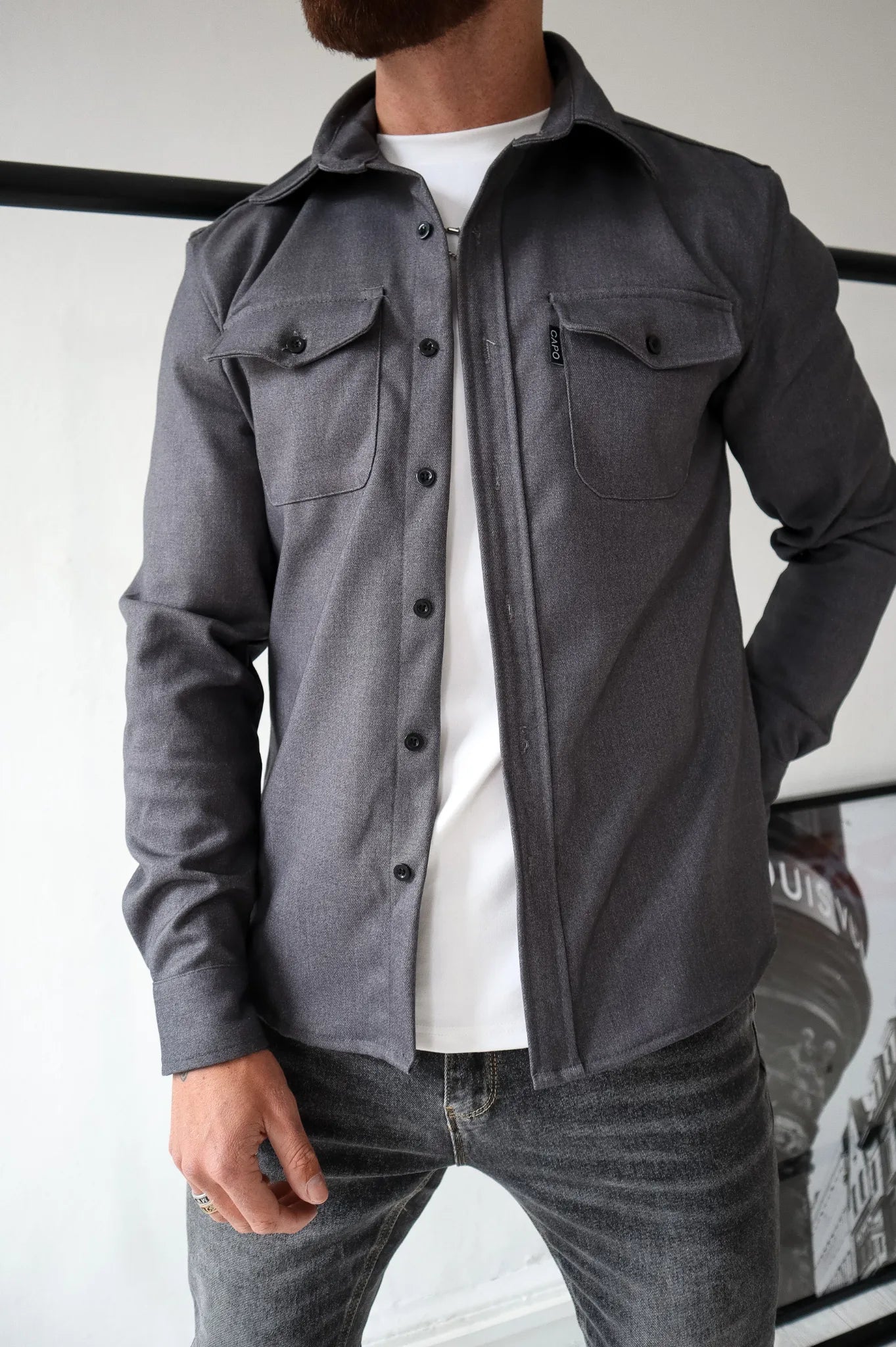 Men's chest pocket overshirt jacket in dark grey — additional view