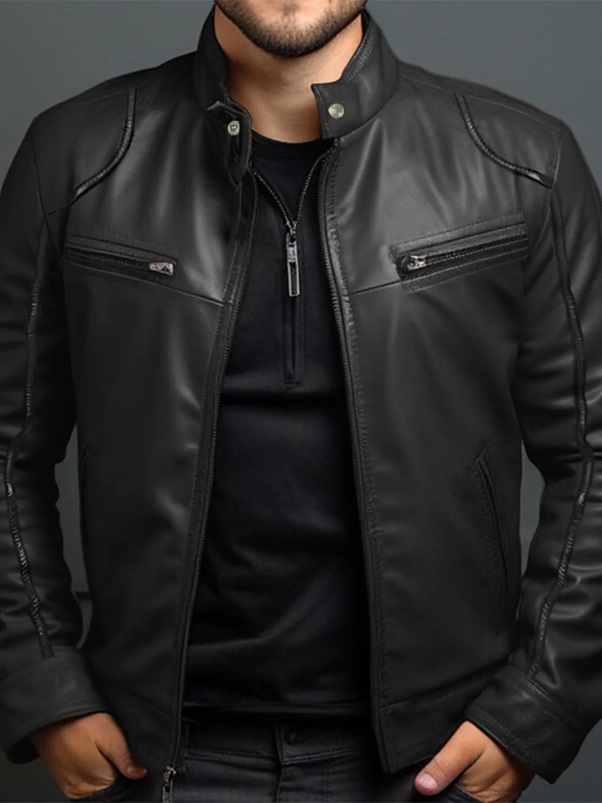 Men's zip-front faux leather biker jacket in black — detail view