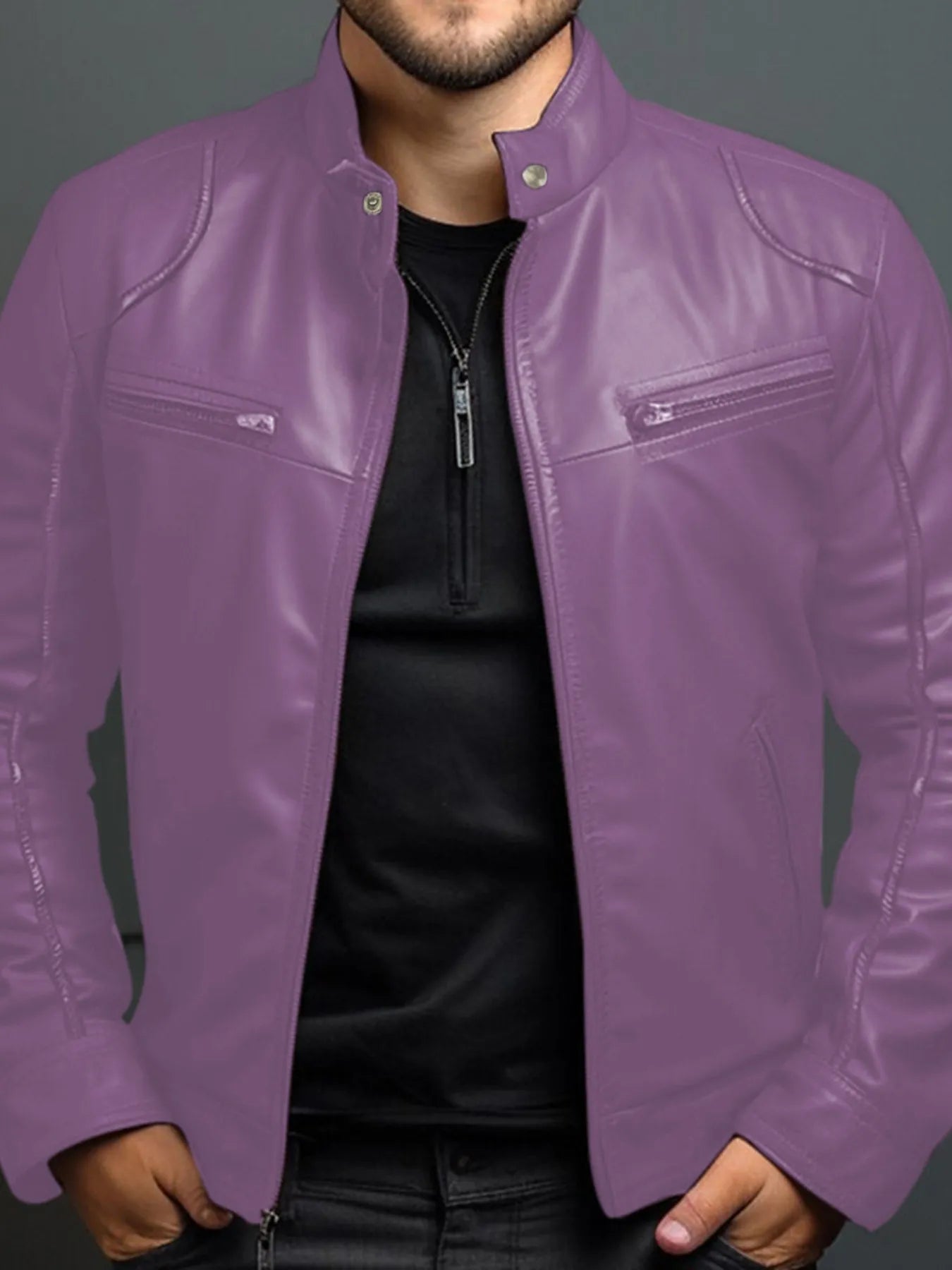 Men's zip-front faux leather biker jacket in purple — additional view
