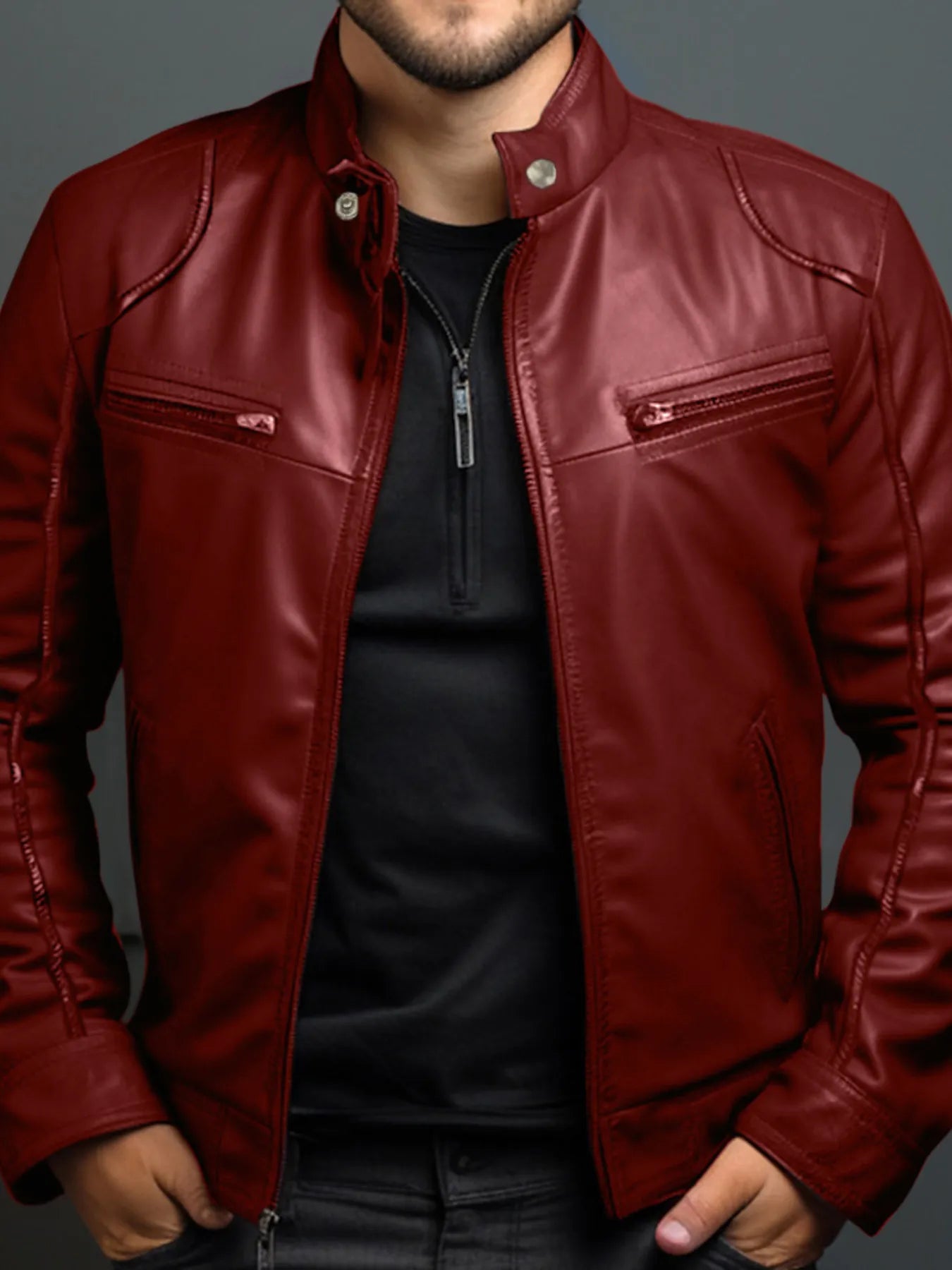 Men's zip-front faux leather biker jacket in wine red — alternate view