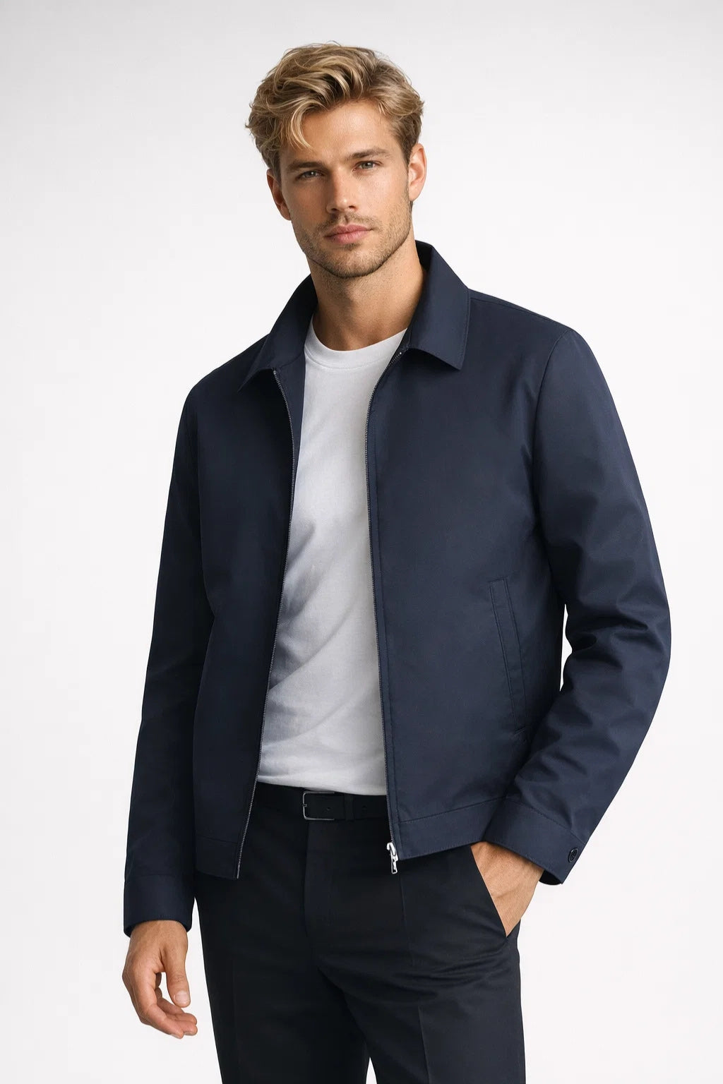 Men's slim-fit classic jacket in dark blue — detail view