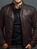 Men's zip-front faux leather biker jacket in brown