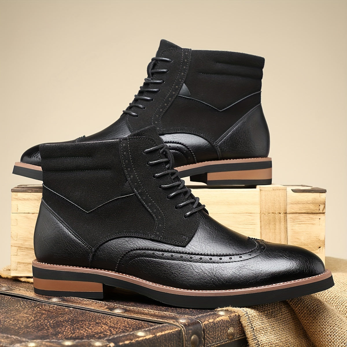 Men's classic wingtip leather boots in black