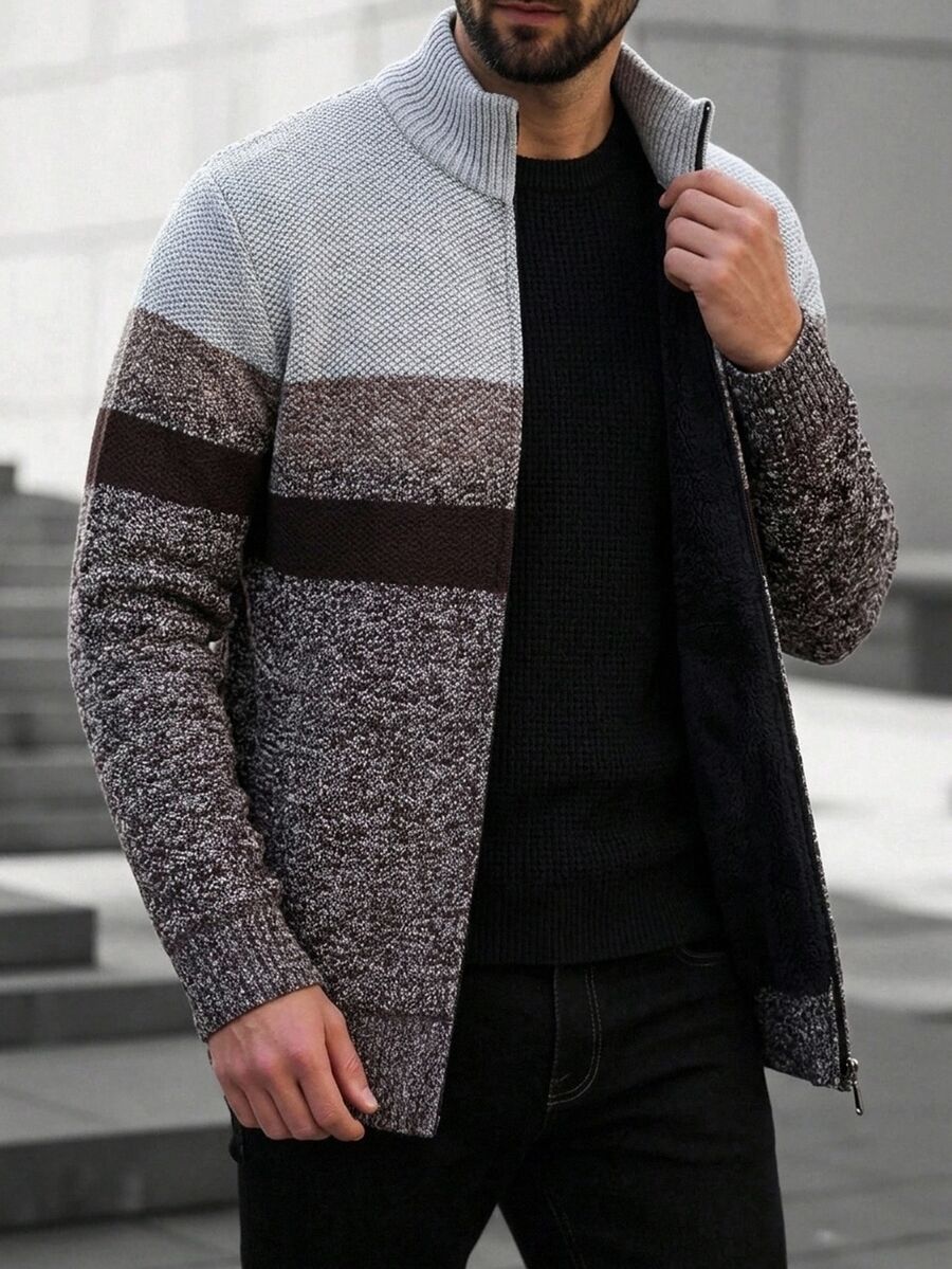 Men's color block ribbed cardigan in coffee brown — additional view