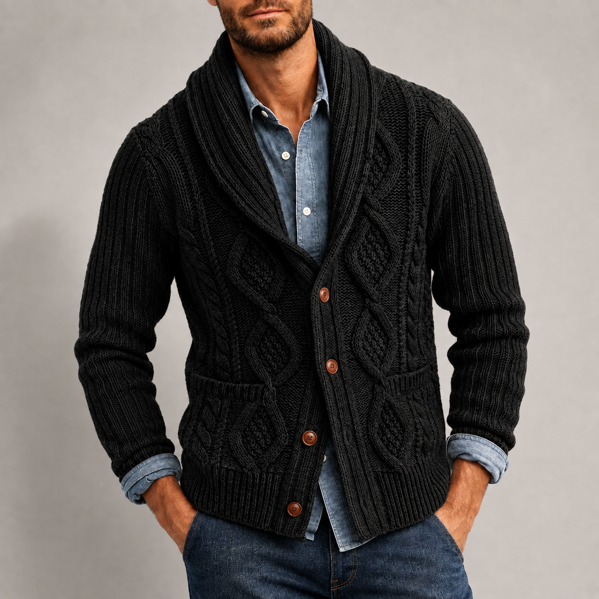 Men's shawl collar button up cardigan in black — alternate view