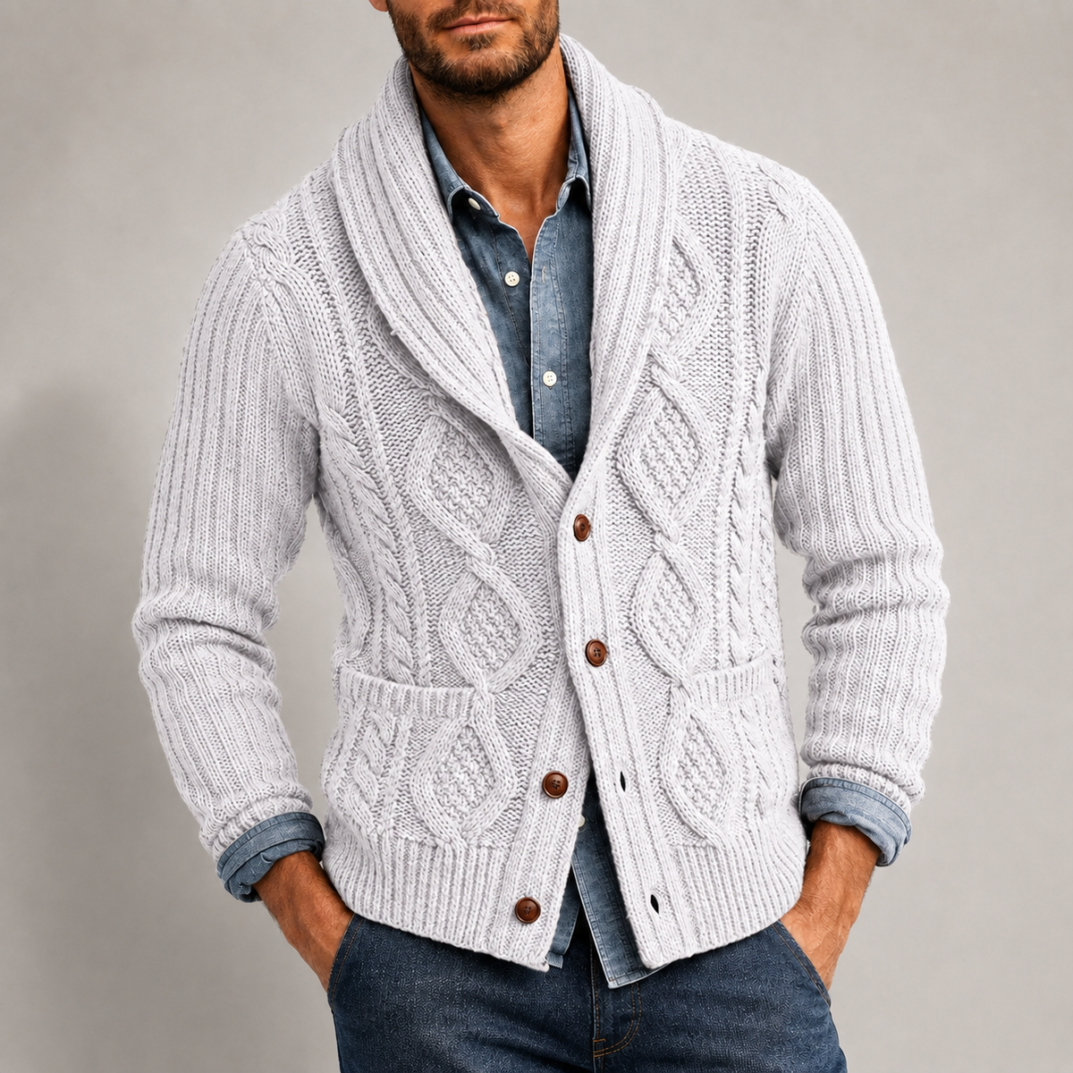 Men's shawl collar button up cardigan in white — detail view