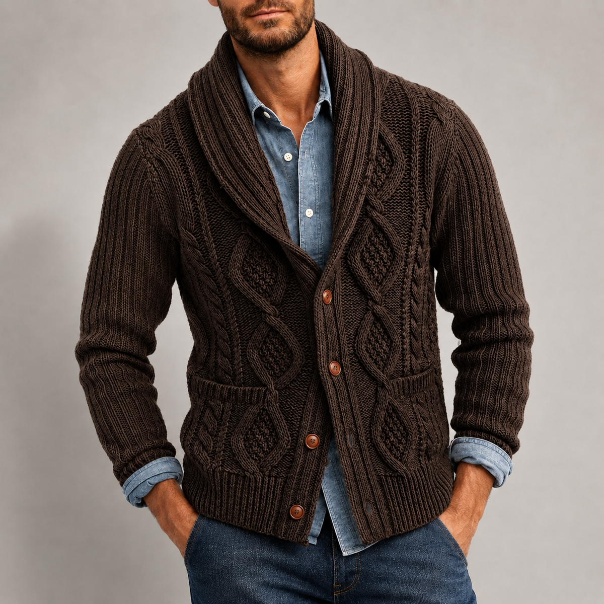 Men's shawl collar button up cardigan in brown — additional view