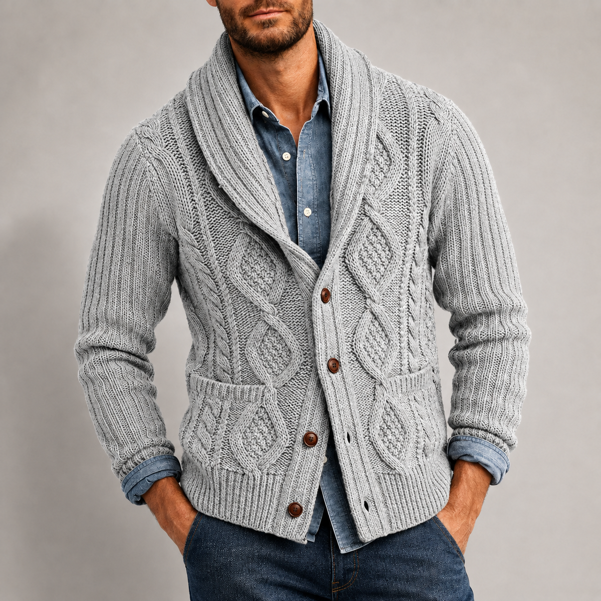 Men's shawl collar button up cardigan in gray — additional view