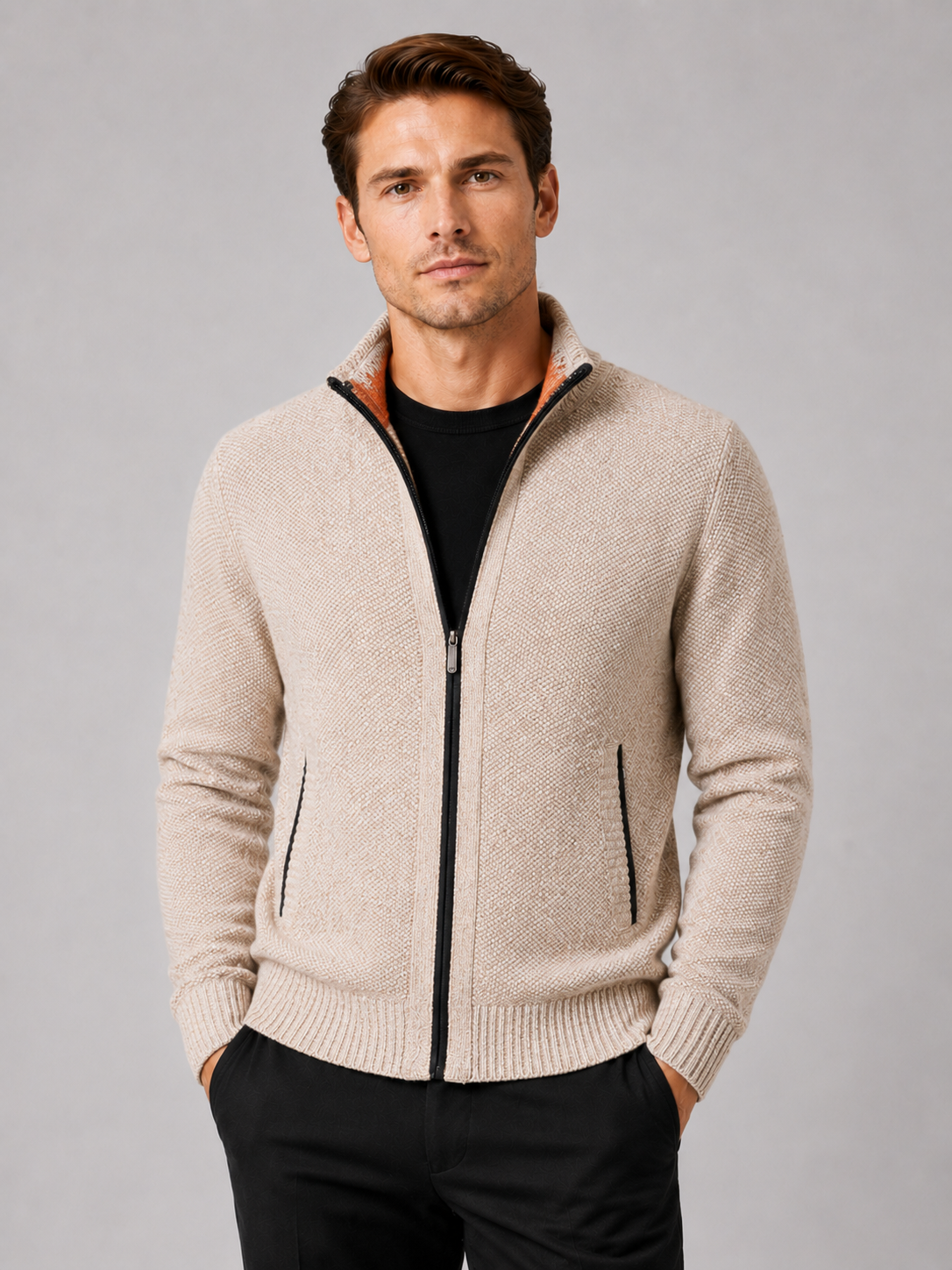 Men's full-zip fleece cardigan in beige — additional view