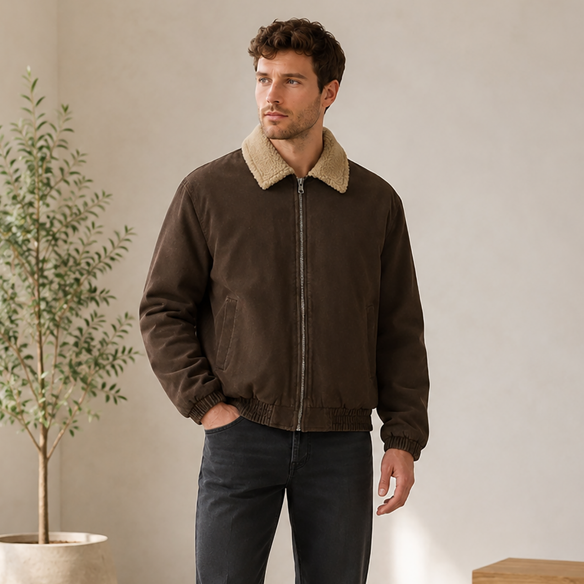 Men's sherpa-collar zip work jacket in beige